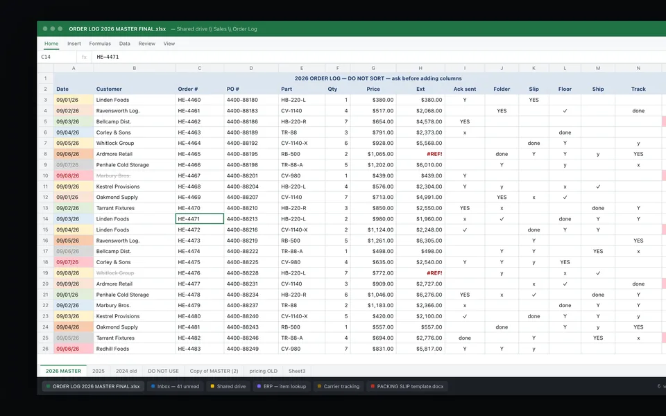 A crowded order-log spreadsheet with color-coded cells and #REF errors