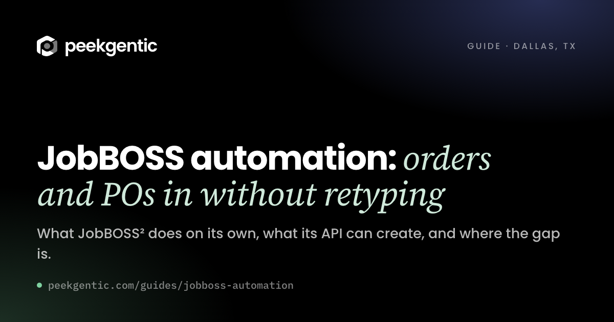 Preview card reading JobBOSS automation: orders and POs in without retyping.