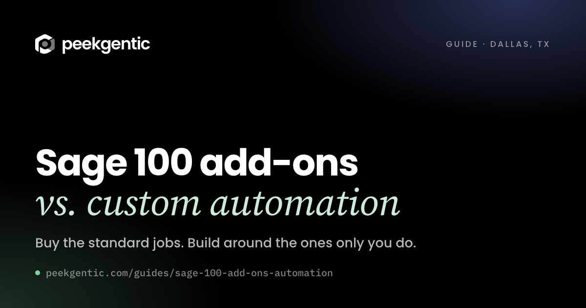 Preview card reading Sage 100 add-ons vs. custom automation.