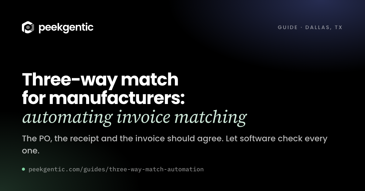 Preview card reading Three-way match for manufacturers: automating invoice matching