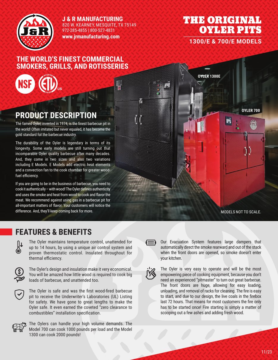 The Original Oyler Pits sell sheet, page 1: product description and the 1300 and 700 models