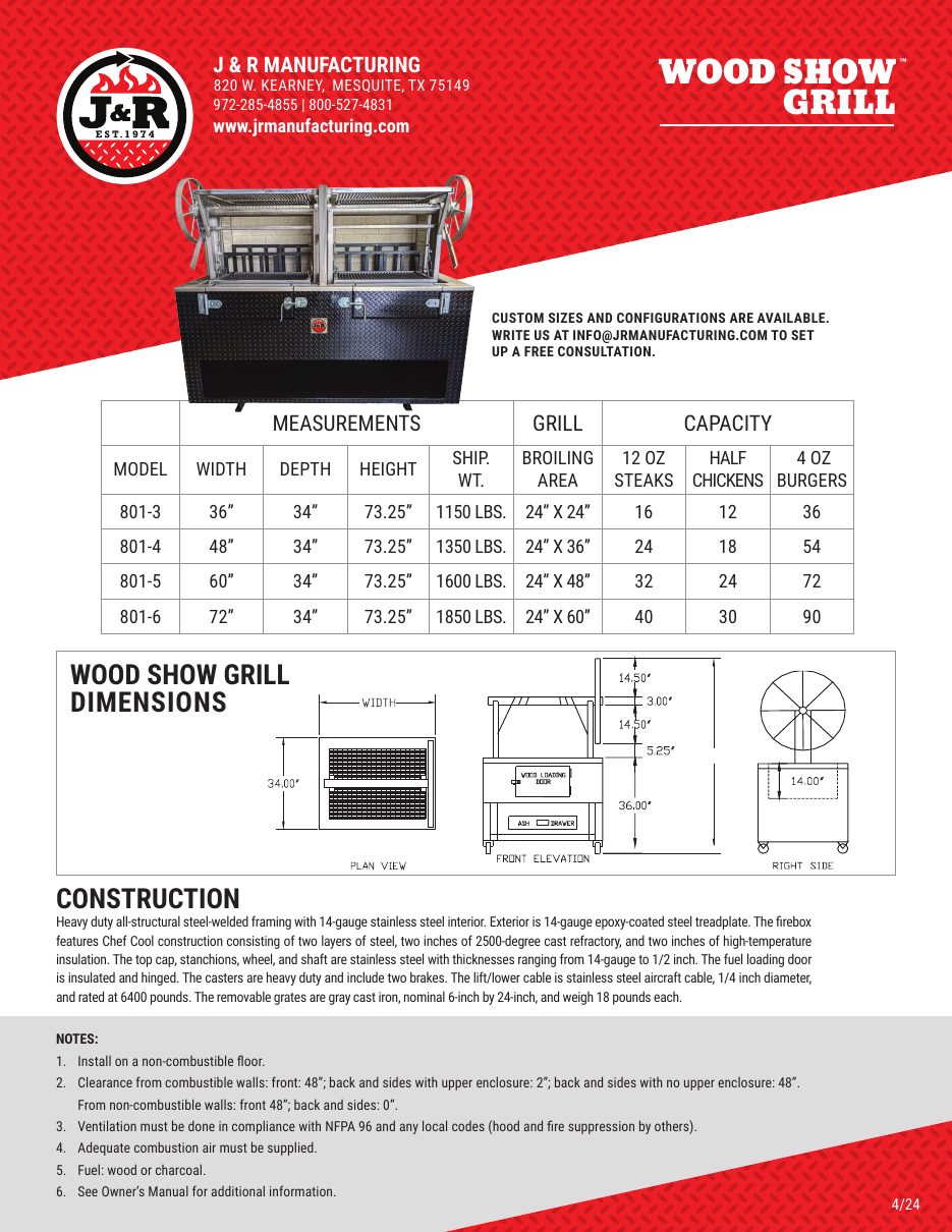 Wood Show Grill sell sheet, page 2: measurements, capacity and construction