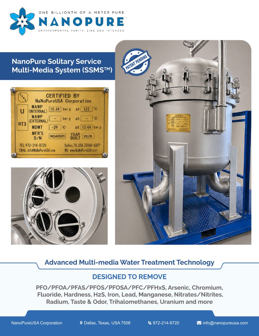 SSMS brochure cover: stainless steel treatment vessel on a blue skid