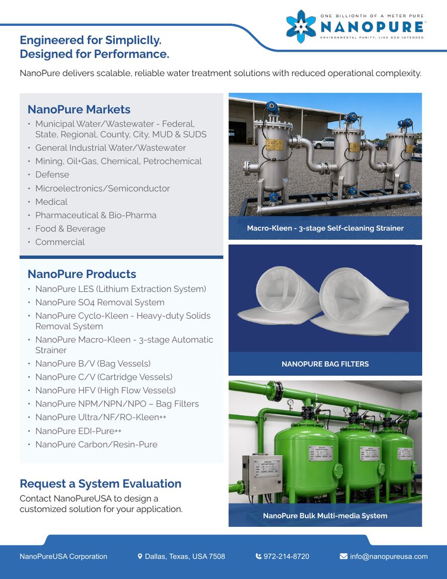 NanoPure markets and product list with strainers, bag filters and multimedia systems